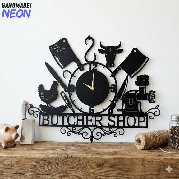 Handmadetneonsign Butcher Shop Metal Wall Clock, Gift For Chef, Kitchen Decor