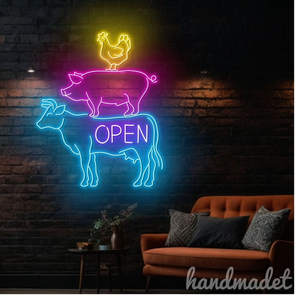 Handmadetneonsign Butcher Shop Open Neon Sign, Chicken Pig Cow Led Light, Butcher Store Wall Art 67894