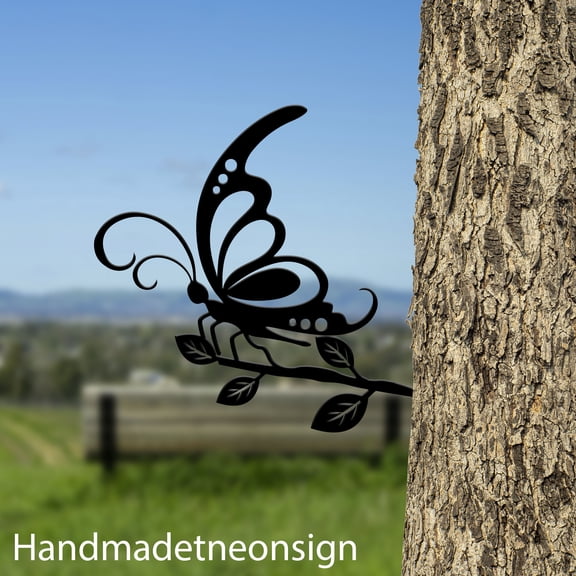 Handmadetneonsign Butterfly On Branch Metal Tree Stake, Butterfly Garden Tree Stake, Butterfly Metal Tree 68691