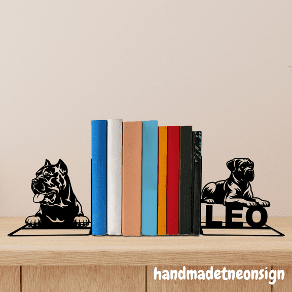 Handmadetneonsign Cane Corso Dog Metal Bookends Dog Name Bookend, Dog Table Bookshelf Decor 040893