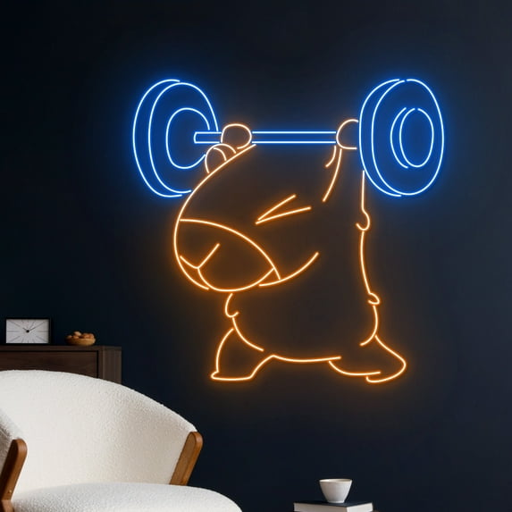 Handmadetneonsign Capybara Lifts The Weight Neon Sign, Capybara Dumbbell LED Sign, Barbell Capybara