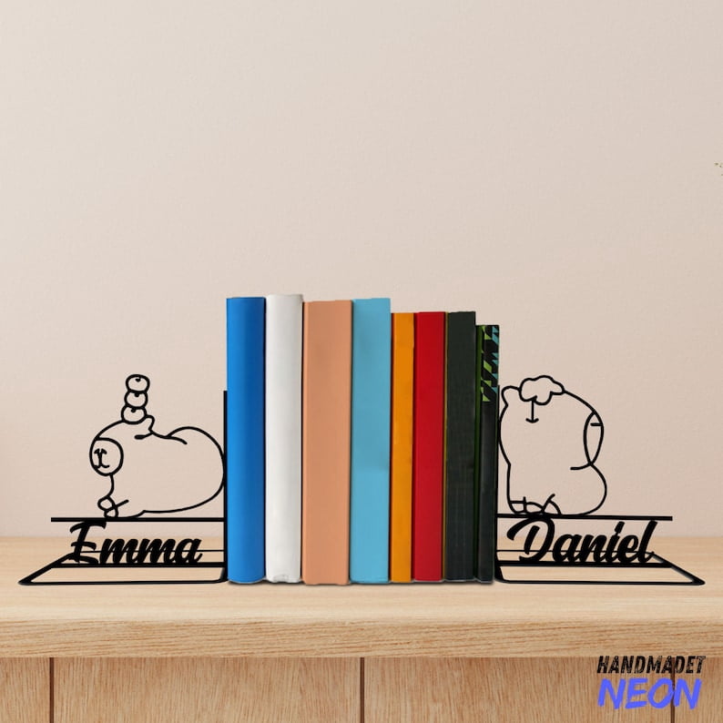 Handmadetneonsign Capybara Metal Bookends, Cute Capybara Name Bookend