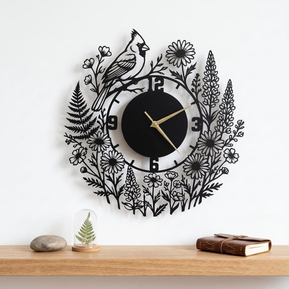 Handmadetneonsign Cardinal Bird Metal Wall Clock, Wildflower Wall Art Decor