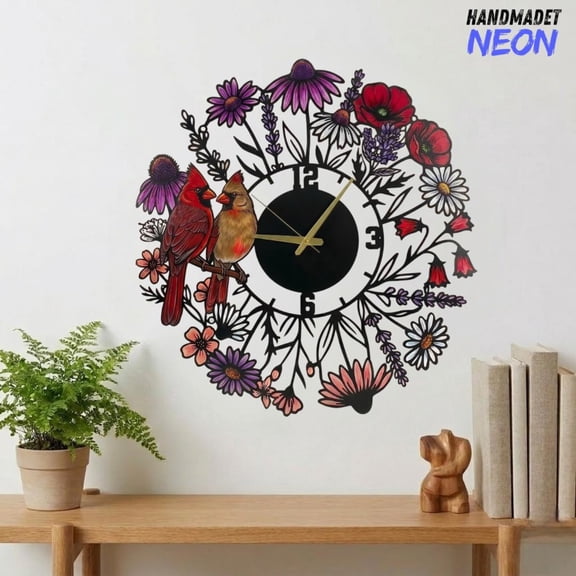 Handmadetneonsign Cardinal Metal Wall Clock, Floral Wall Art Decor, Houswarming Gift