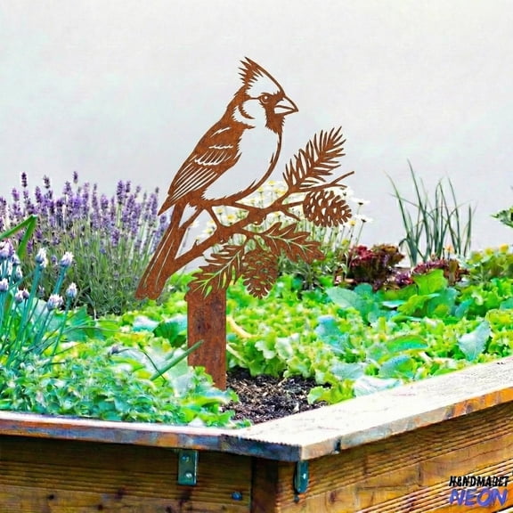 Handmadetneonsign Cardinal Rusty Metal Stake, Bird Memorial Gift, Outdoor Yard Art