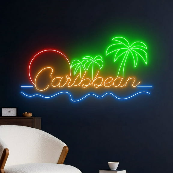 Handmadetneonsign Caribbean Ocean Palm Tree Neon Sign, Beach Wall Art Decor, Summer Holiday Wall Decor