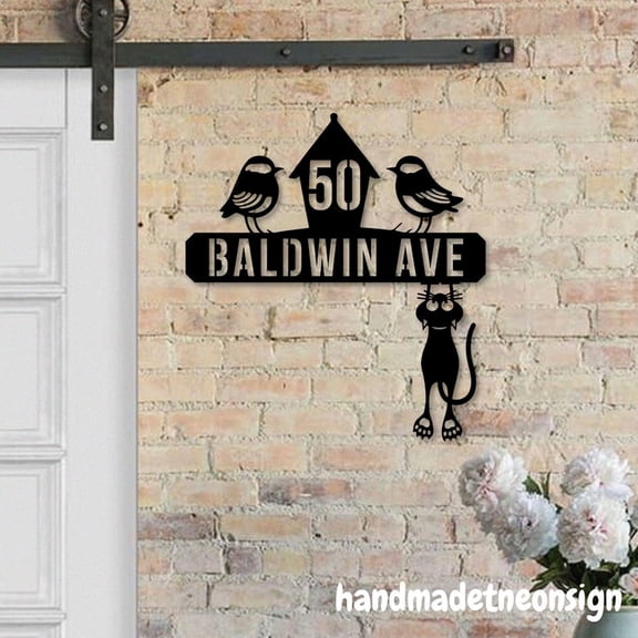 Handmadetneonsign Cat Bird House Number Metal, Cute Cat Home Number Metal Sign, Pet Address Wall Sign 041103