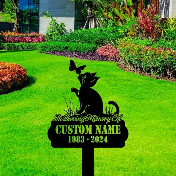 Handmadetneonsign Cat Butterfly With Stake, Cat Metal Name Sign Stake, Cat Pet Metal Stake Decor