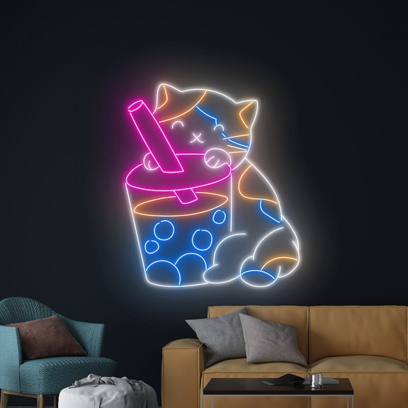 Handmadetneonsign Cat Drinking Bubble Tea Neon Sign, Cat Neon Led Light Art Decor, Milk Tea Wall Decor
