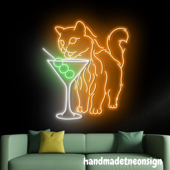 Handmadetneonsign Cat Drinking Martini Neon Sign, Cat Martini Wall Art, Cocktail Bar Home Wall Decor 038974