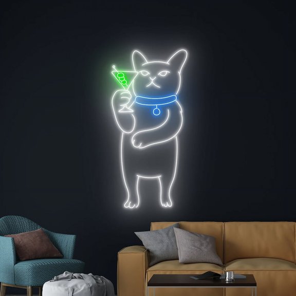 Handmadetneonsign Cat Drinking Martini Neon Sign, Cat Martini Wall Art Decor, Bar Club Wall Decor