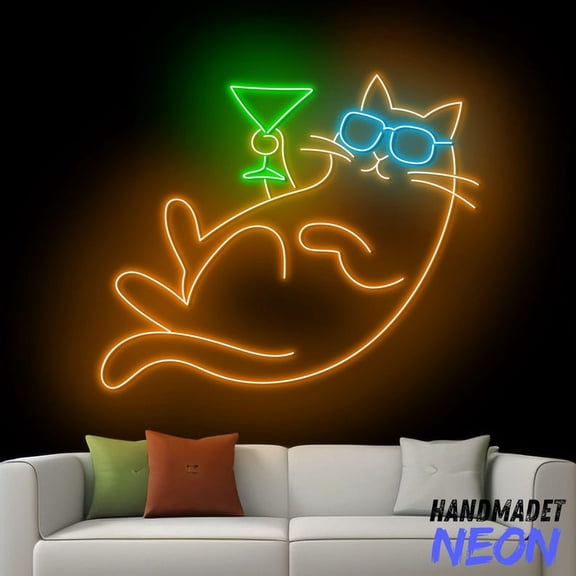 Handmadetneonsign Cat Drinking Martini Neon Sign, Cute Cat Martini Led Sign, Bar Pub Wall Art, Wall Decor 90608