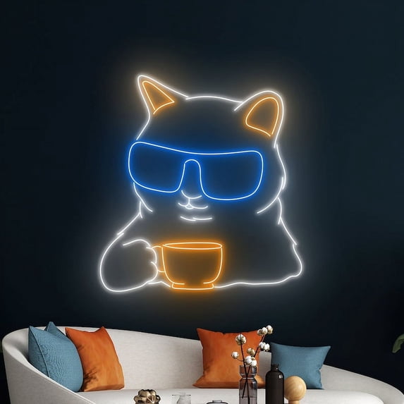 Handmadetneonsign Cat Drinking Tea Neon Sign, Cat Tea Cup Led Sign, Cat Glasses Neon Lights