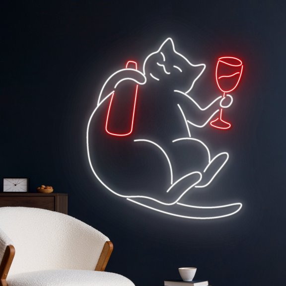 Handmadetneonsign Cat Drinking Wine Neon Sign, Cat Alcohol LED Light, Cat Led Sign, Bar Pub Room