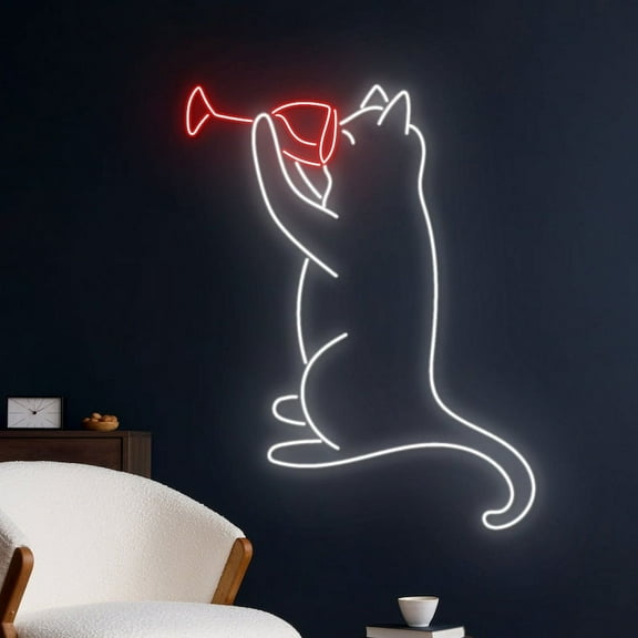 Handmadetneonsign Cat Drinking Wine Neon Sign, Custom Cat LED Light, Cat Neon Light, Bar Pub Decor
