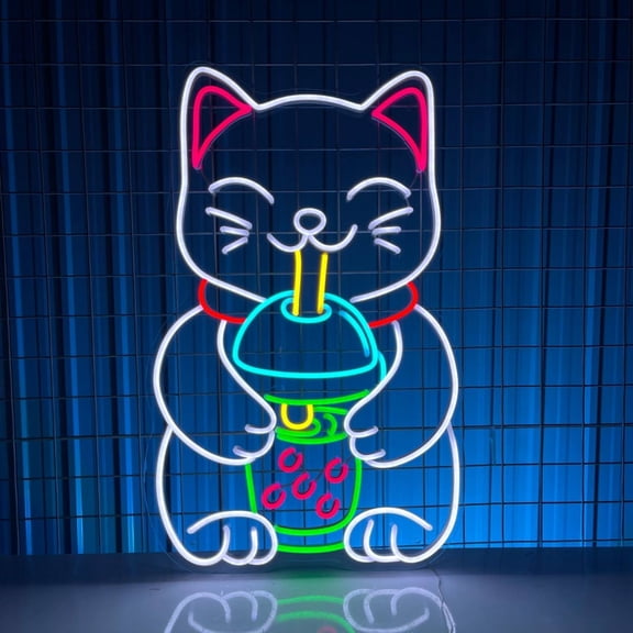 Handmadetneonsign Cat Drinks Bubble Tea Neon Sign, Cat Neon Light Wall Art Decor, Coffee Cafe Tea Wall Decor