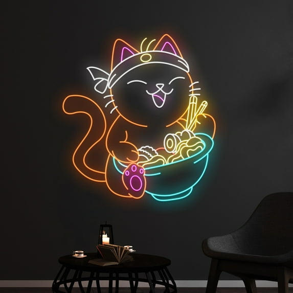 Handmadetneonsign Cat Eats Ramen Neon Sign, Eating Cat Ramen Noodle Led Sign, Cat Japanese Noodle