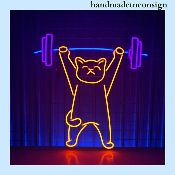 Handmadetneonsign Cat Gymmer Neon Sign, Cat Weightlifting Wall Art Decor, Gym Home Wall Decor 037767