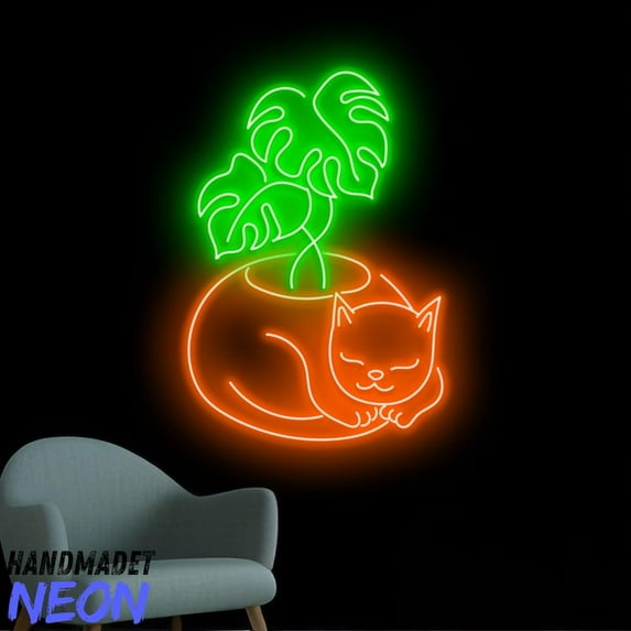 Handmadetneonsign Cat Monstera Leaf Neon Sign, Cat Sleeping Led Sign, Monstera Leaf Wall Art Light 94140