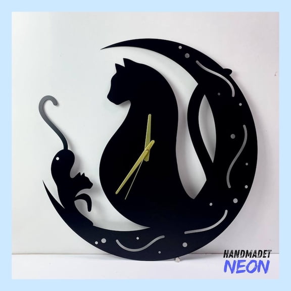 Handmadetneonsign Cat Moon Wall Clock Unique, Moon Cat Oversize Wall Clock, Cat Moon Metal Wall Clock 78462