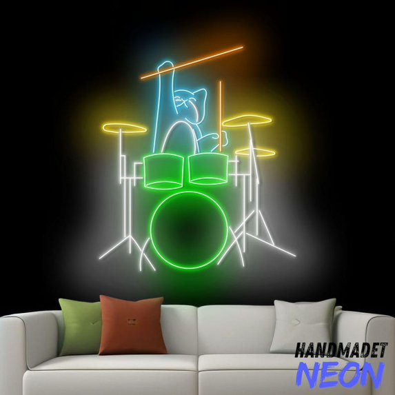 Handmadetneonsign Cat Playing Drums Neon Sign, Cute Cat Drummer Led Sign, Pet Shop Wall Art, Wall Decor 90577