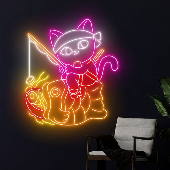 Handmadetneonsign Cat Ramen Taiyaki Neon Sign, Cat Ramen Noodle Taiyaki Led Sign, Japanese Noodle