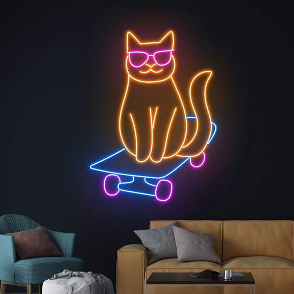 Handmadetneonsign Cat Skateboarding Neon Sign, Skateboard Cat Led Sign, Cat Skateboarder Led Light
