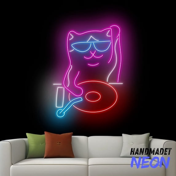 Handmadetneonsign Cat Spinning Record Neon Sign, Cute Cat Record Player Wall Art, Cat Lover Gift Home Wall Decor 77494