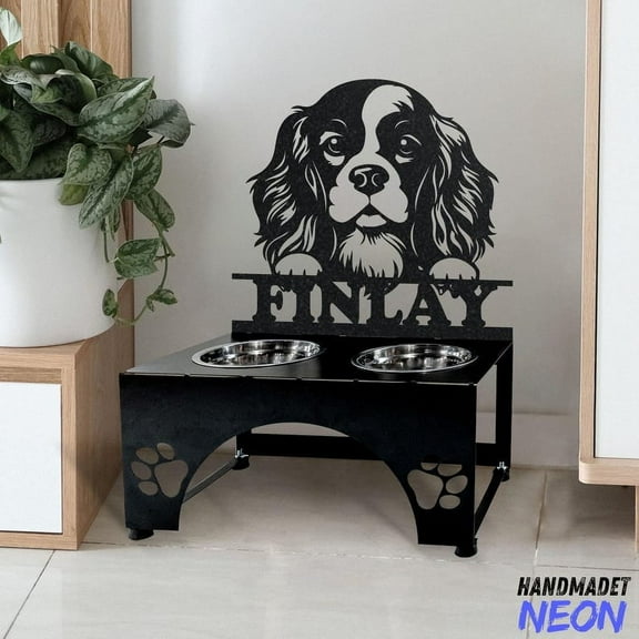 Handmadetneonsign Cavalier King Charles Spaniel Dog Metal Bowl Holder, Dog Food Bowl Stand 97482