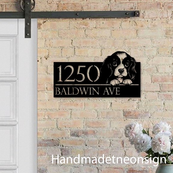 Handmadetneonsign Cavalier King Charles Spaniel House Number, Dog Home Address Metal, House Address Sign 67472