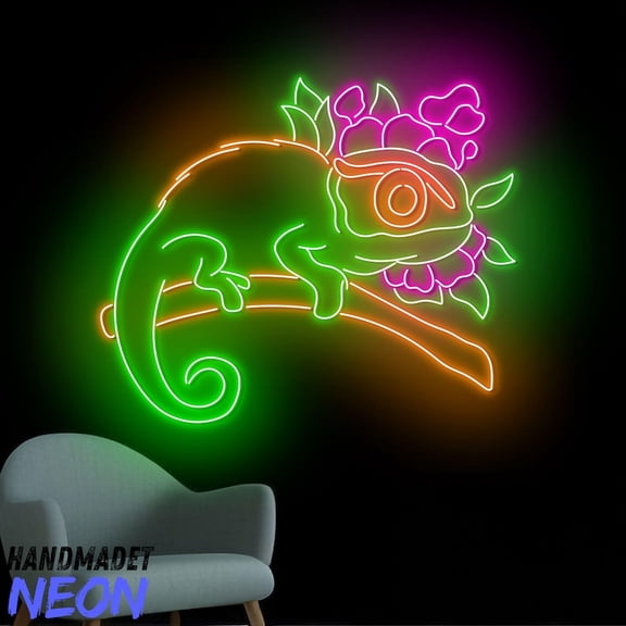 Handmadetneonsign Chameleon Neon Sign, Chameleon Flower Led Sign, Chameleon Room Wall Art Decor 94192