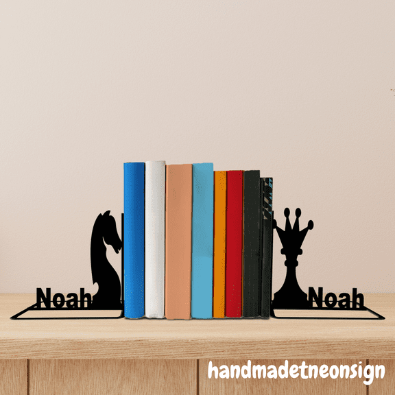 Handmadetneonsign Chess Metal Bookends Chess Set Name Bookend, Chess Table Bookshelf Decor 039974