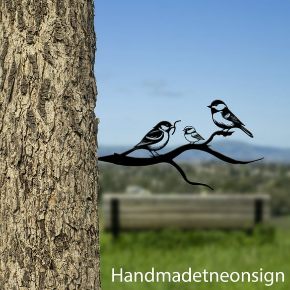 Handmadetneonsign Chickadee On Branch Metal Tree Stake, Chickadee Garden Tree Stake, Bird Metal Tree 68469
