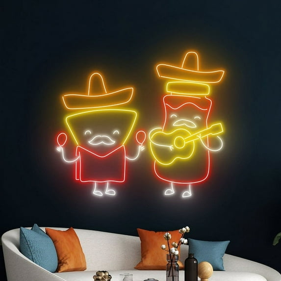 Handmadetneonsign Chip Salsa Playing Guitar Neon Light, Sombrero Hat Nachos Sign, Mexican Salsa