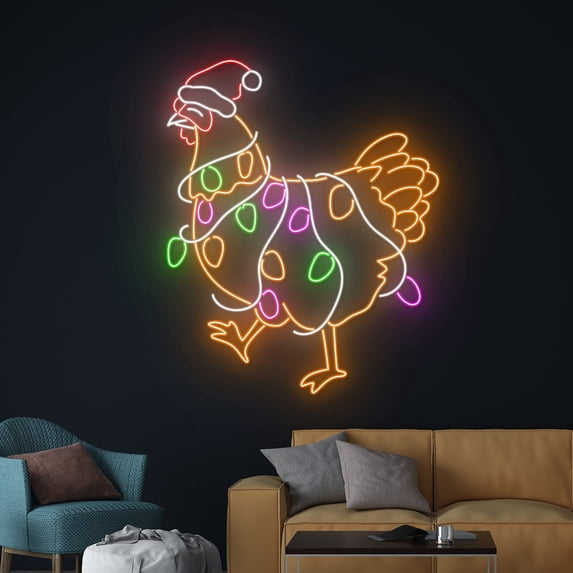 Handmadetneonsign Christmas Chicken Neon Sign, Merry Christmas Rooster Led Sign, Merry Christmas
