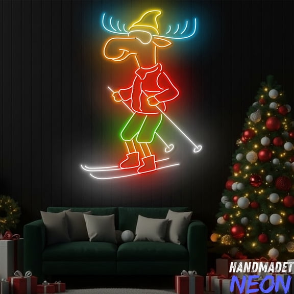 Handmadetneonsign Christmas Moose Neon Sign, Moose Skiing Neon Sign, Skiing Club Decor For Christmas