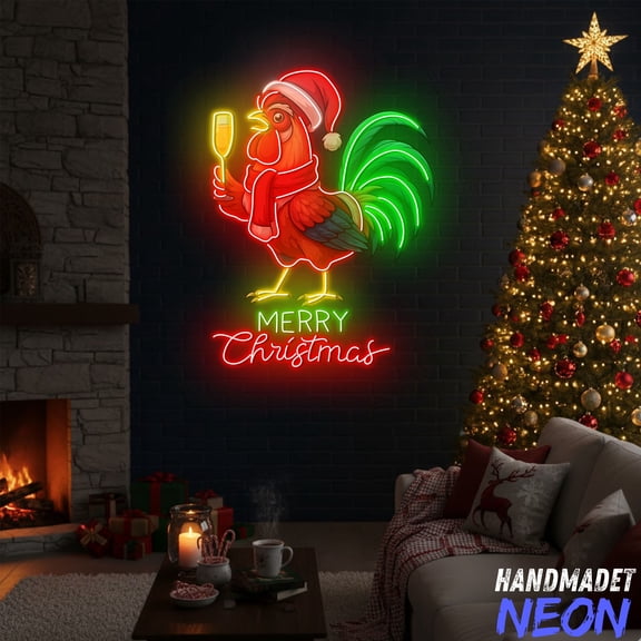 Handmadetneonsign Christmas Rooster Neon Sign, Christmas Farmhouse Decor, Christmas Party Decor
