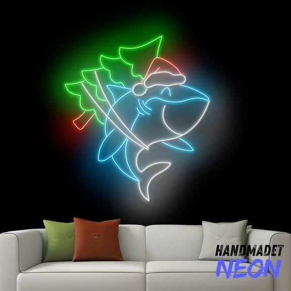 Handmadetneonsign Christmas Shark Neon Sign, Santa Jaws Led Sign, Santa Shark Christmas Wall Art, Animal Wall Decor 82526