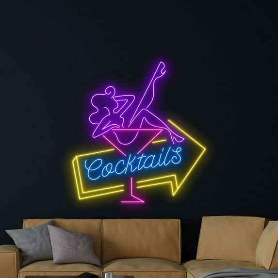 Handmadetneonsign Cocktail Arrow Direction Neon Sign, Cocktail Neon Art Decor, Cocktail Neon Wall Decor