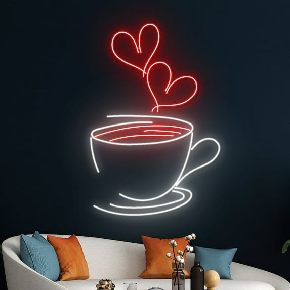 Handmadetneonsign Coffee Heart Neon Sign, Coffee Cup Neon Light, Cafe LED Light, Tea Cup Led Sign