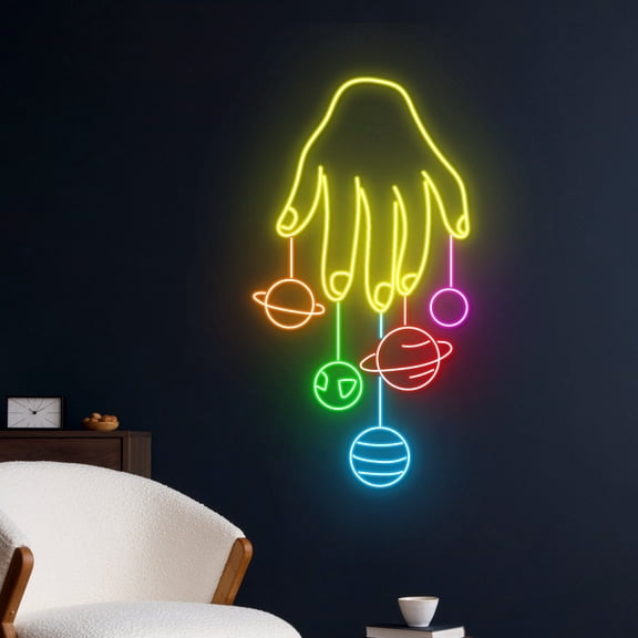 Handmadetneonsign Cosmic Hand Neon Light, Welt Hand Led Light, Planet Hand Neon Sign, Universe