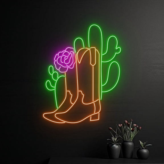 Handmadetneonsign Cowboy Boots Cactus Neon Sign, Cactus Cowboy Boots Led Light, Cowgirl Boots Cactus Neon Light, Wall Décor