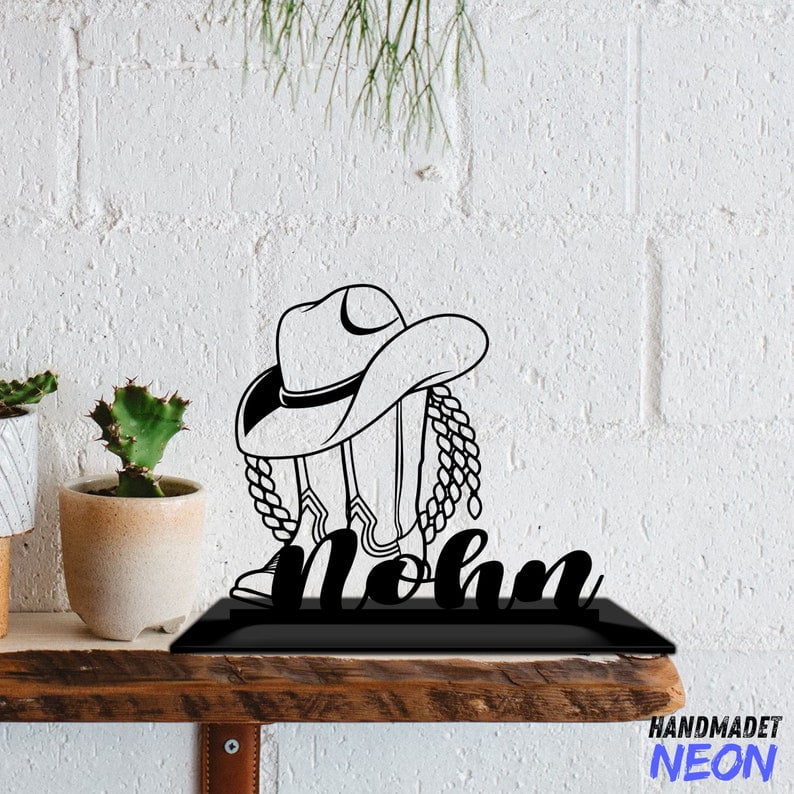 Handmadetneonsign Cowboy Boots Table Decor, Cowboy Hat Metal Shelf ...