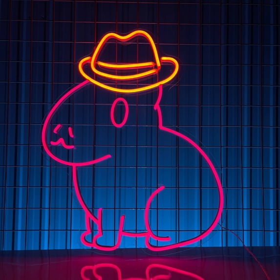 Handmadetneonsign Cowboy Capybara Neon Sign, Capybara Cowboy Led Sign, Cowboy Hat Capybara Led