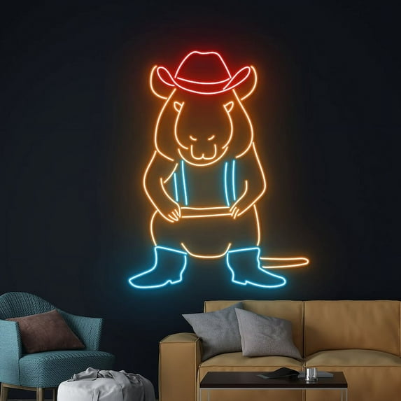 Handmadetneonsign Cowboy Capybara Neon Sign, Capybara Cowboy Led Sign, Custom Capybara Light