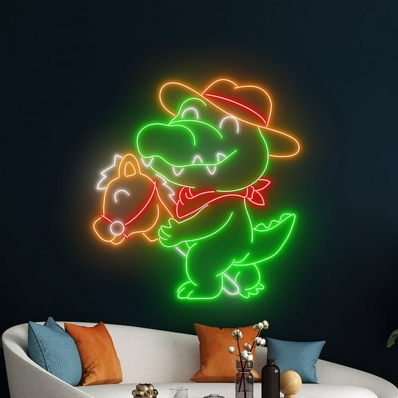 Handmadetneonsign Cowboy Crocodile Neon Sign, Crocodile Riding Horse Led Sign, Cowboy Crocodile