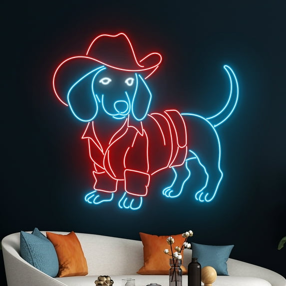 Handmadetneonsign Cowboy Dachshund Neon Sign, Dachshund Cowboy Hat Neon Light, Western Dachshund
