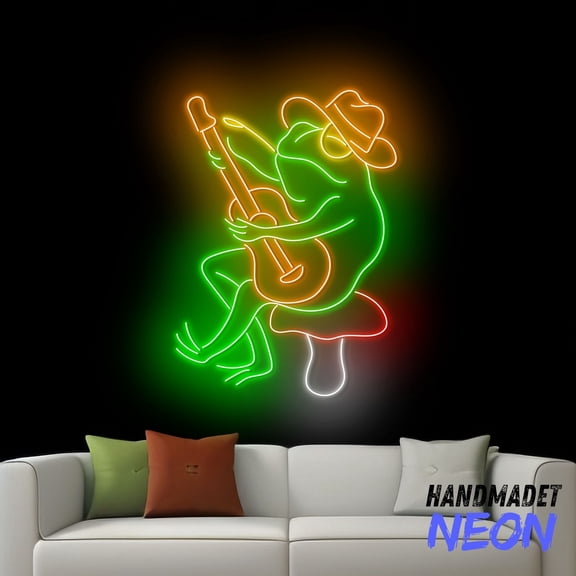 Handmadetneonsign Cowboy Frog Playing Guitar Neon Sign, Frog Mushroom Led Sign, Western Cowboy Frog Wall Art Decor 79385