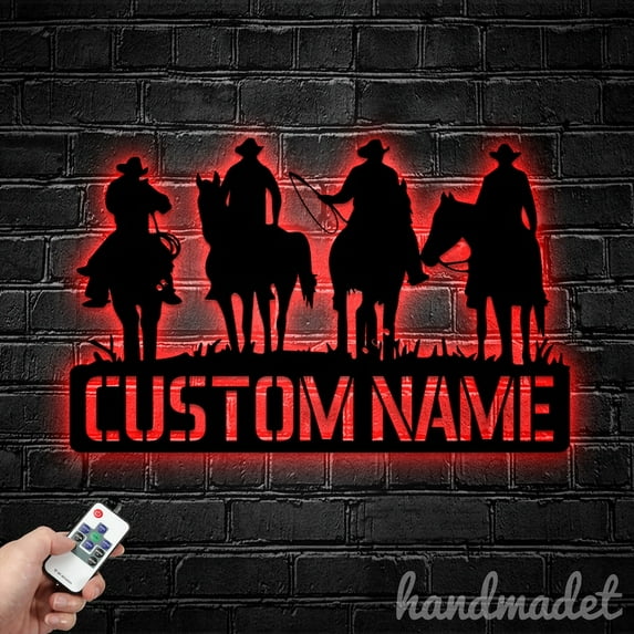 Handmadetneonsign Cowboy Riding Horse Metal Wall Art LED Light, Custom Name Western Cowboy Sign