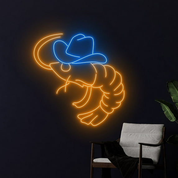 Handmadetneonsign Cowboy Shrimp Neon Sign, Sea Animal Cowboy Wall Art Decor, Shrimp Seafood Wall Decor